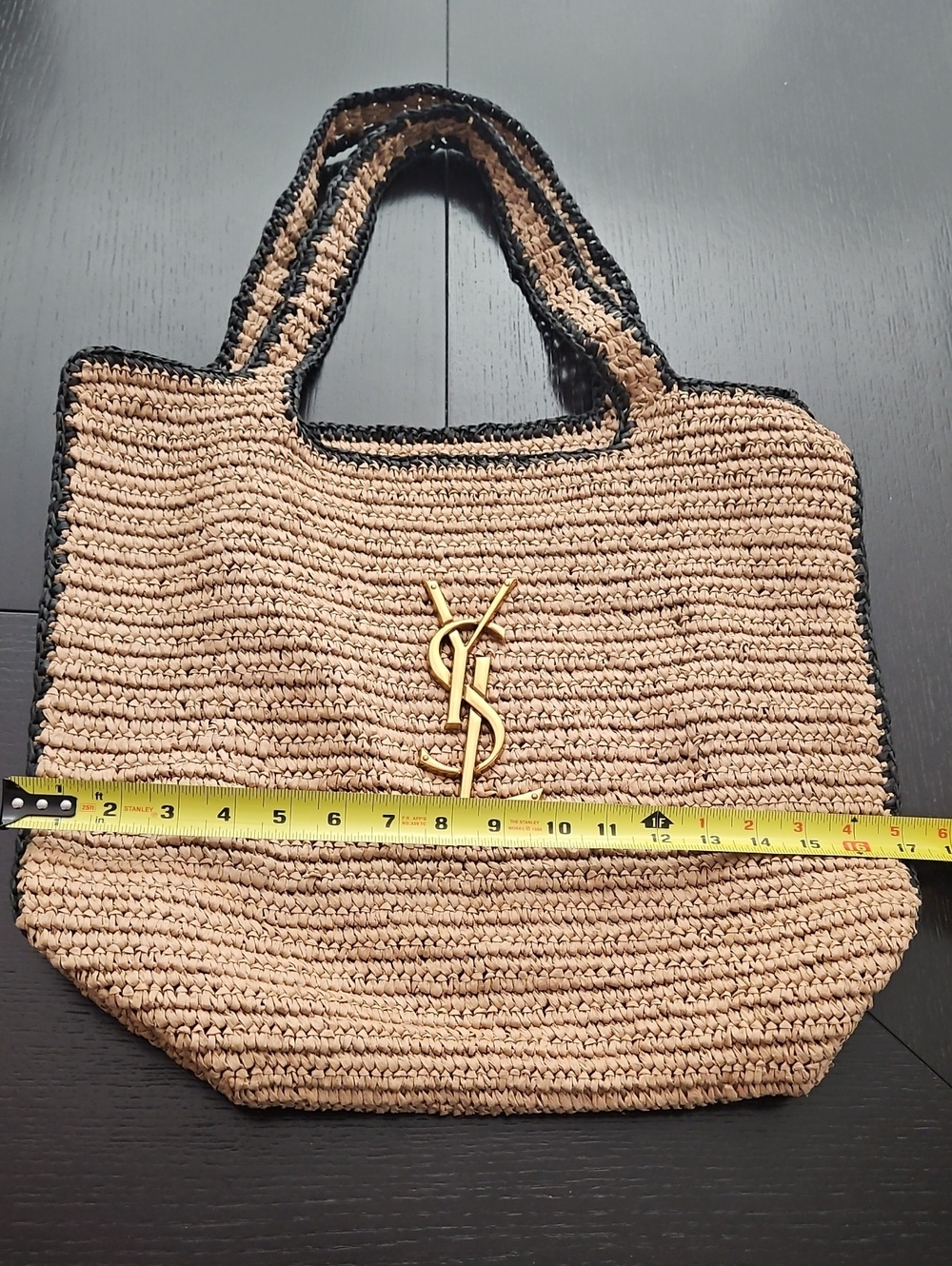 Raffia Satchel Tote in Tan with Black Trim and Gold Logo-Designer Inspired - Picture 2 of 10